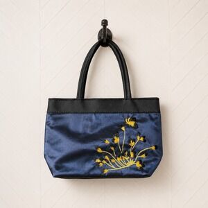 Max Grey Y2K Mini Hand Bag Floral Embroidered Navy‎ Blue Satin Small